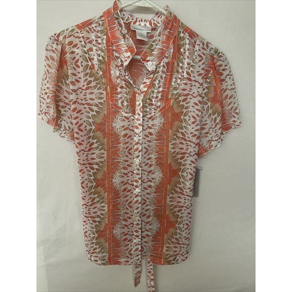 Worthington Women's Sheer Ruffle Coral Petal Stripe Blouse Tieback Size 14 NWT - Picture 1 of 10